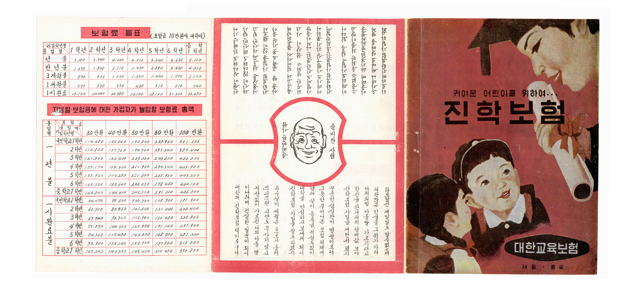 1958년 대한교육보험 진학보험 상품 안내 책자 펼친 모습. 붉은 표지와 학생 그림, 보험료 표가 함께 보인다