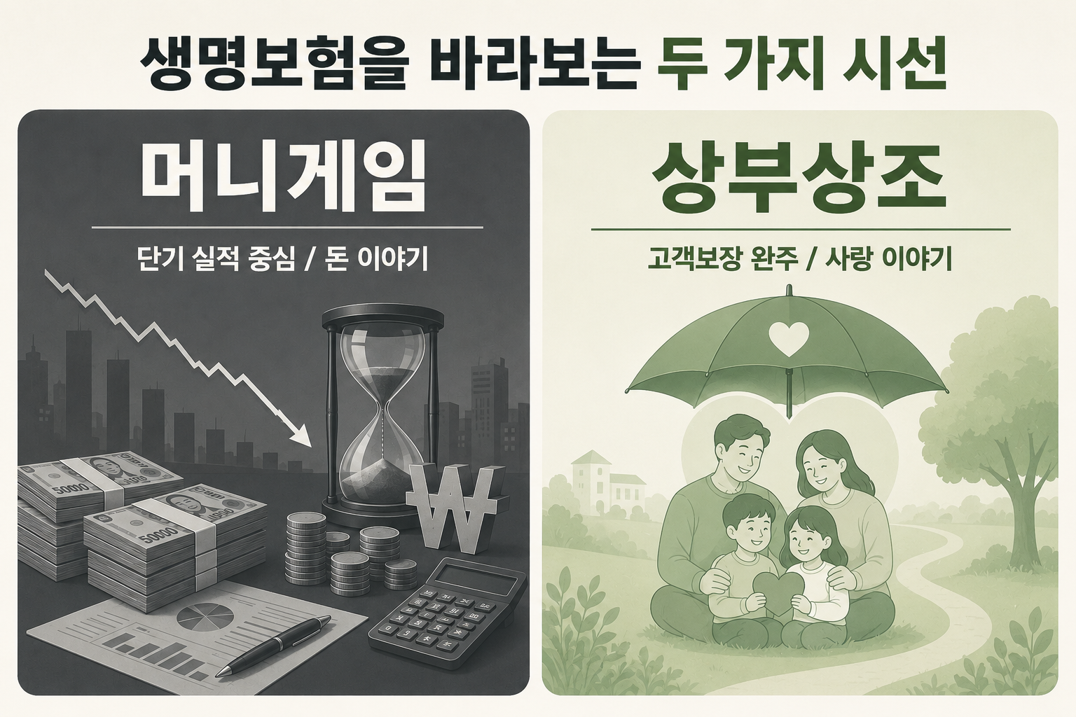 생명보험을 단기 실적 중심의 머니게임과 고객보장 완주를 중시하는 상부상조의 관점으로 비교한 인포그래픽