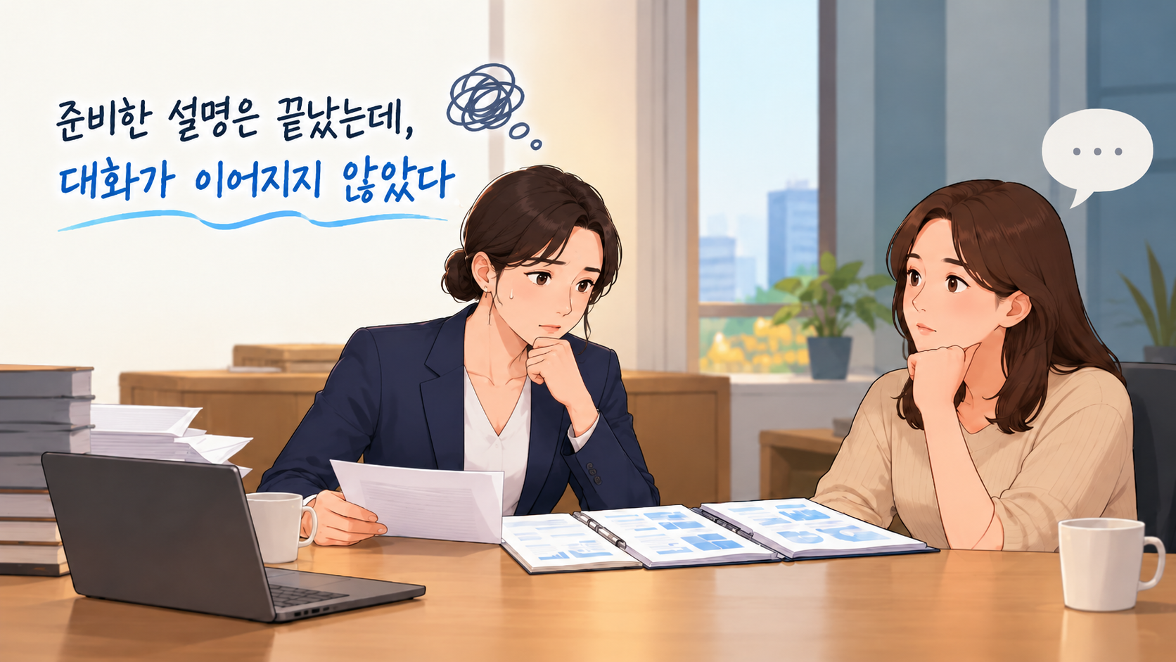 보험 보장 내용을 설명한 뒤 고객과 대화가 이어지지 않아 고민하는 여성 FP와 고객