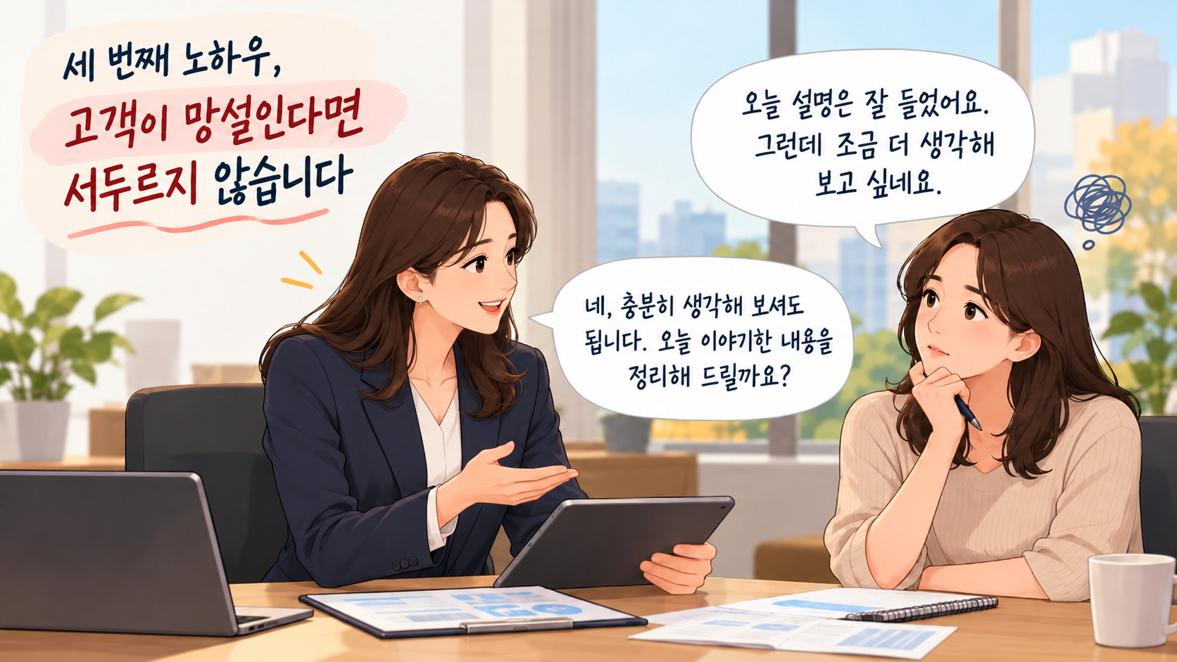 보험 가입 결정을 고민하는 고객과 충분히 생각할 시간을 안내하는 여성 FP