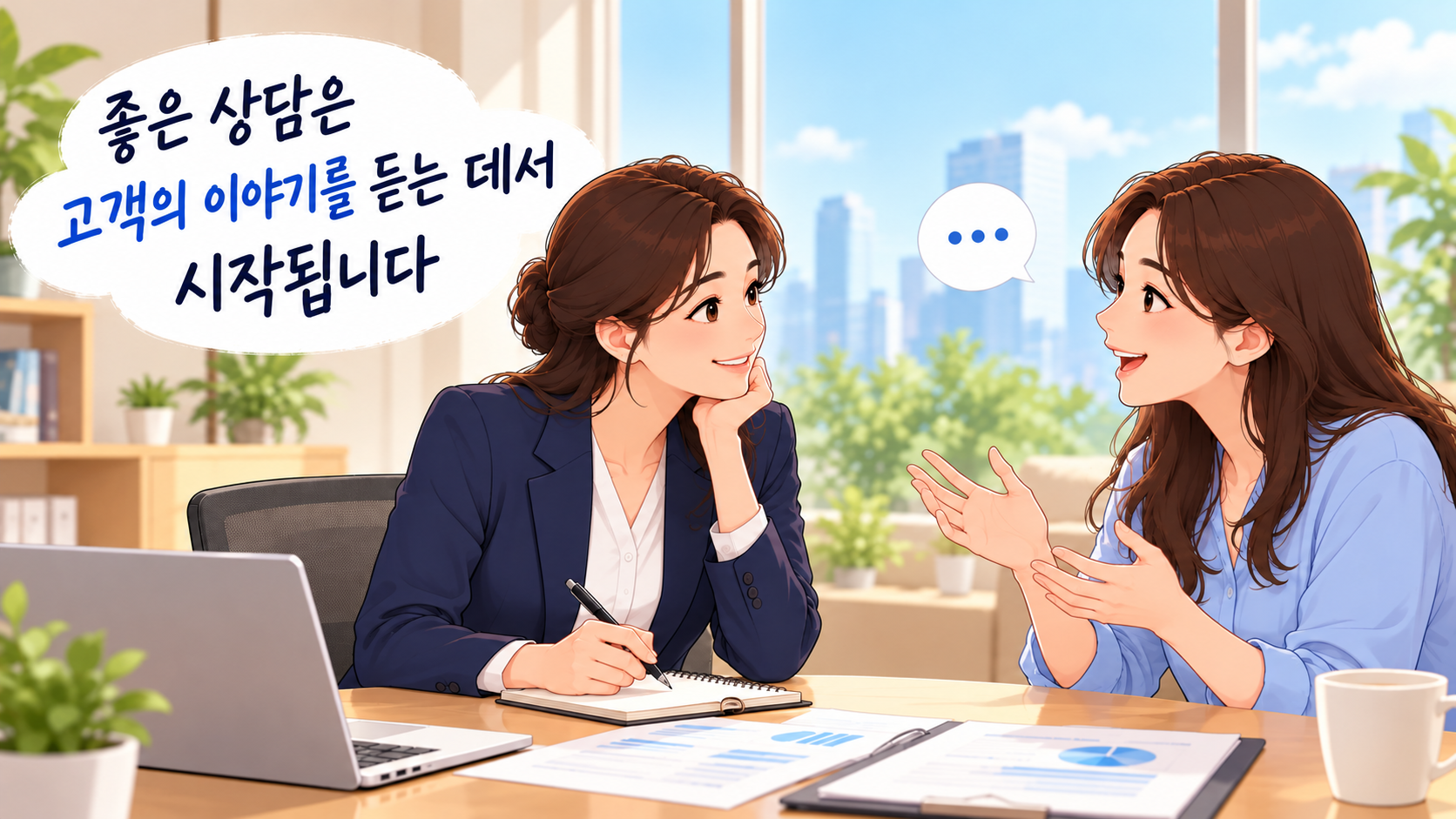 여성 FP가 고객의 이야기에 귀 기울이며 신뢰를 쌓는 보험 상담 장면